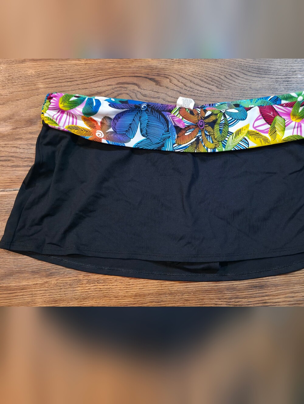 Black Swim Skirt with Multicolor Leaf Waistband